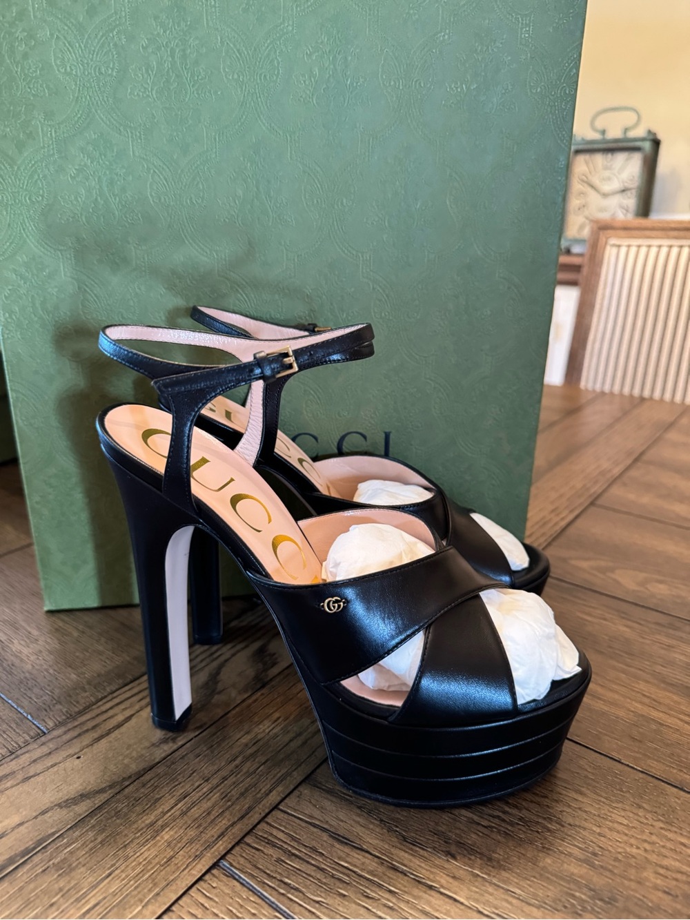 Gucci Black Leather Platform High Heel Sandals